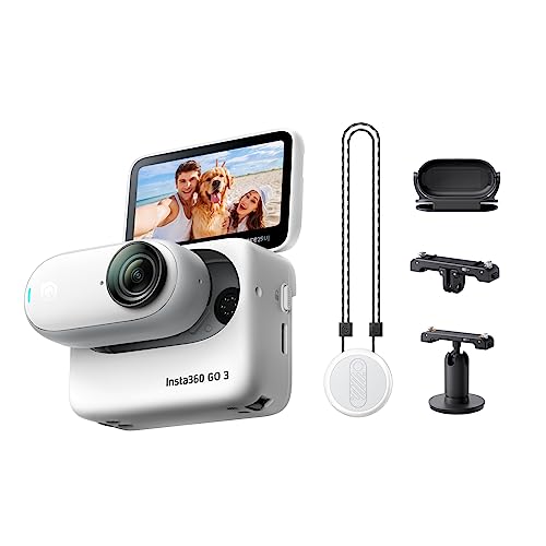 Insta360 GO3 128GB-Action Kit Vlogging Camera for Creators, Vloggers, Mini Action Camera with Flip Touchscreen, Light and Portable, Hands-Free POV, Mount Anywhere, Stabilization, Remote Preview - Arctic White - 128GB-Action Kit