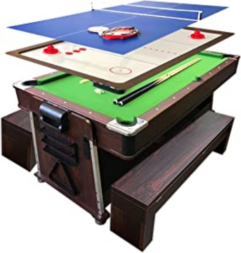 simba usa 4 in 1 - 7Ft Green Pool Table with Benches + Air Hockey + Tennis Table Tennis + Dinner Table Model Mattew, Green,White,Red
