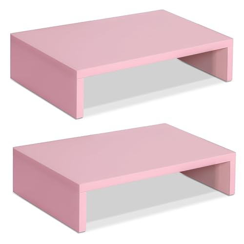TEAMIX Pink Monitor Stand Riser-2 Pack,Wood 2 Tier Adjustable Monitor Stand Dual Monitor Riser for 2 Monitors/Laptop/PC Computer Stand for Desk - Pink - 2 Packs