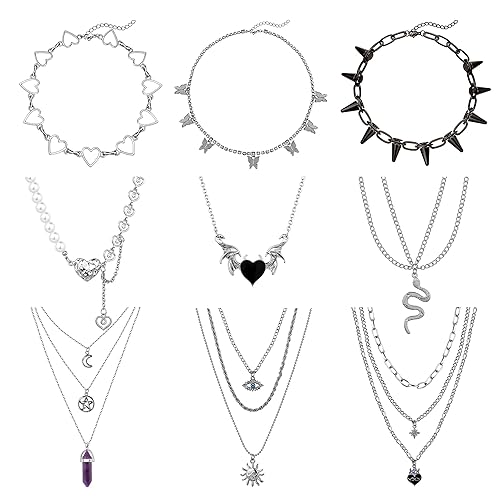 Sanfenly 9Pcs Y2k Goth Necklaces Gothic Jewelry For Women Men Emo Grunge Cool Punk Vintage Necklace Jewelry Chain Layered Pendant Choker Moon Pentagram Spike Butterfly Snake Heart Wing Necklace Set - Necklace Set