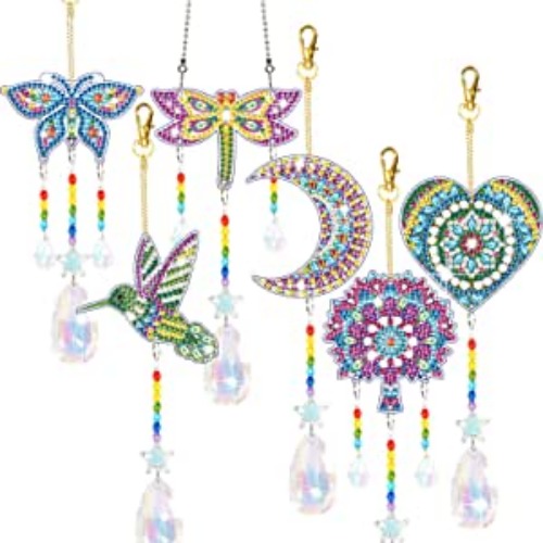 YUNVI 6 Pcs Diamond Painting Suncatcher, Double Sided 3D Diamond Painting Wind Chime Paint by Number, Diamond Painting Hanging Ornaments for Adults Kids Home Garden