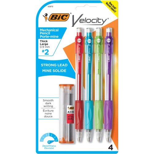 BIC Velocity Original Mechanical Pencil (0.9 mm), Black, For Smooth Dark Writing, Durable Eraser, 4-Count - 4 Count (Pack of 1)