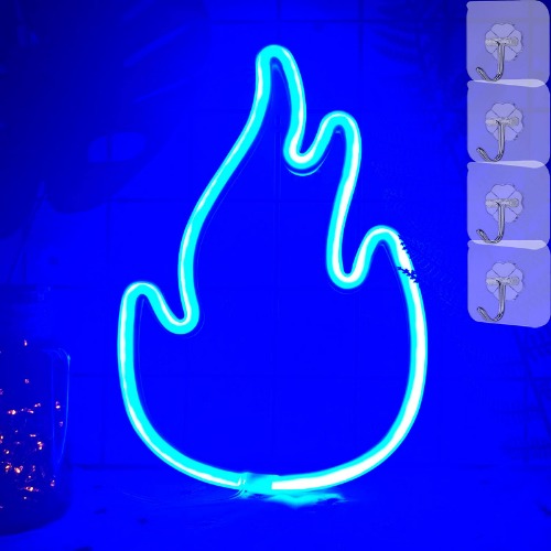 VIFULIN Flame Neon Light for Bedroom Aesthetic Led Sign for Wall Decor USB/Battery Flame Shaped Neon Sign with 4 Hooks Neon Light Signs for Christmas Birthday Party Living Room Girls Kids Room(Blue) - Blue