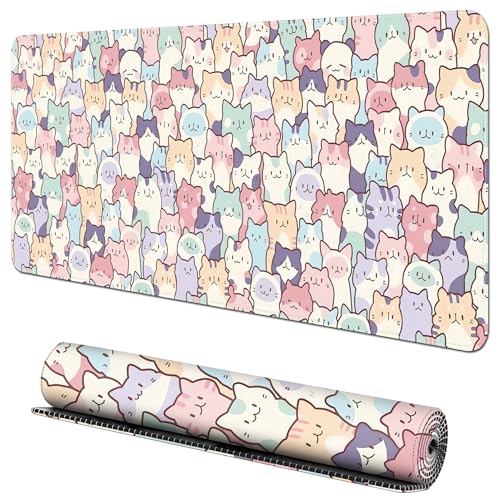 Cute Colorful Cats Large Gaming Mouse Pad for Desk,XL Big Mouse Pad Gaming Desk Mat,Mousepad Desk Pad with Non-Slip Base and Stitched Edges,Keyboard Mouse Mat for Home Office Work,31.5 x 11.8 in - Cute Colorful Cats