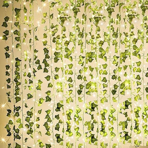KASZOO 84Ft 12 Pack Artificial Ivy Garland Fake Plants, Vine Hanging Garland with CE Certified 80 LED String Light, Hanging for Home Bedroom Garden Party Wedding Wall Room Decor, Green - 12 pack Artificial Ivy with 80 LED