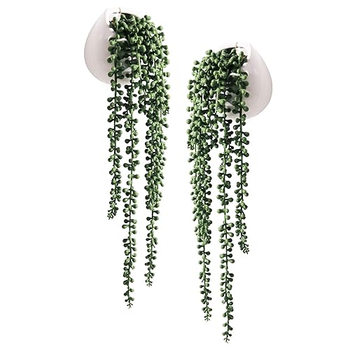 Tiita Artificial Succulents Hanging Plants, Faux String of Pearls Plants for Home Office Accessories Window Sill Bathroom Bedroom Fake in White Ceramic Pots, Set of 2 - White