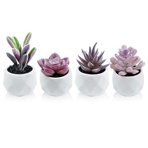 Tiita Purple Artificial Faux Succulents in Pots, Mini Purple Fake Plants for Women Desk, Small Realistic Faux Succulents for Home Office Accessories Window Sill Bathroom Bedroom 4 Set, Purple