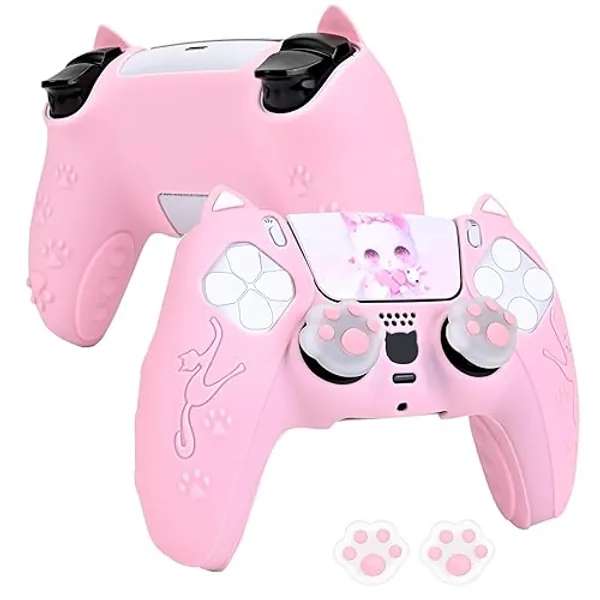 DLseego Protective Cover for PS5 Controller,Ergonomic Anti-Slip Controller Silicone Case Skin with 2PCS Thumb Stick Grip Caps and 2PCS Touch Pad Sticker,Pink - Pink