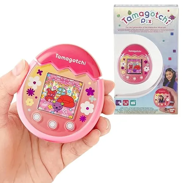 TAMAGOTCHI 42901 Bandai Pix The Next Generation of Virtual Reality Pet with Camera, Games and Collectable Characters-Floral, Pink