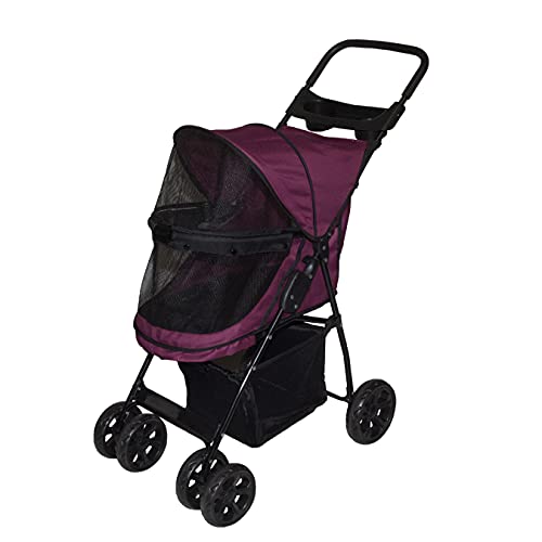 Pet Gear No-Zip Happy Trails Lite Pet Stroller for Cats/Dogs, Zipperless Entry, Easy Fold with Removable Liner, Safety Tether, Storage Basket + Cup Holder, 4 Colors - NEW Raspberry
