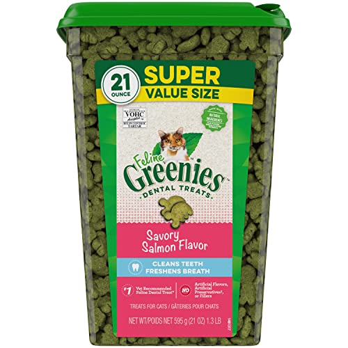 Greenies Feline Adult Natural Dental Care Cat Treats Savory Salmon Flavor, 21 oz. Tub - Salmon - 1.3 Pound (Pack of 1)
