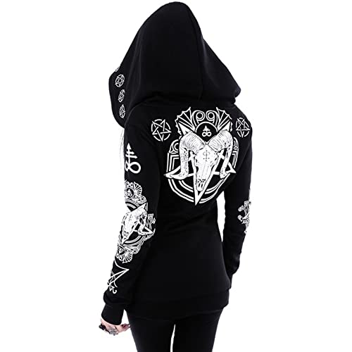 tuduoms Black Punk Gothic Hoodie Women Long Sleeve Zip Up Hoodie Moon Jacket Top Long Sweatshirts Plus Size Y2k Goth Clothing - X-Large - A06^black