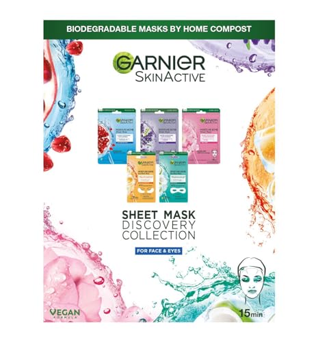 Garnier Sheet Mask Discovery Collection, Face & Eye Sheet Masks for Dehydrated, Dull and Tired Skin, With Hyaluronic Acid and Glycerine, Skin Active, Pack of 5 - Discovery Collection, Face & Eye Sheet Mask - 5 pack