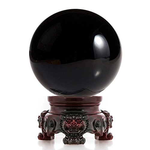 Amlong Crystal 3 inch (80mm) Black Crystal Ball with Redwood Lion Resin Stand and Gift Box for Decorative Ball, Lensball Photography, Gazing Divination or Feng Shui, and Fortune Telling Ball - Black