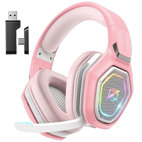 Ozeino 2.4GHz Gaming Headset Wireless with Flip Mic for Ps5, Ps4, PC, Gaming Headphones with USB-A & USB-C Transmitter, 40Hr Battery Bluetooth Headset for Laptop, Mobile, Mac - Pink