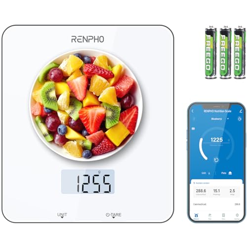 RENPHO Food Scale, Kitchen Scale for Food Ounces and Grams, Smart Cooking Calorie Scale with Timer, Nutritional Analysis with App for Macro Keto Weight Loss, White, 11lb/5kg - White