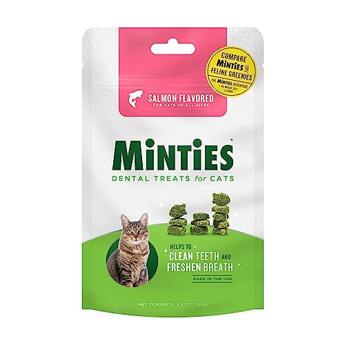 Minties Dental Chews for Dogs, 60 Count, Vet-Recommended Mint-Flavored Dental Treats for Medium/Large Dogs over 40 lbs, Dental Bones Clean Teeth, Fight Bad Breath, and Removes Plaque and Tartar - Cats - Salmon - 2.5 Ounce (Pack of 1)