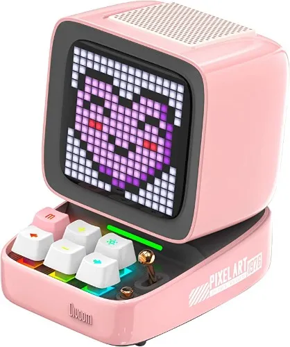 Divoom Ditoo Multifunctional Pixel Art Bluetooth Speaker, Retro Portable Speaker with Programmable RGB Led Screen, Mechanical Keyboard, Smart Alarm Clock, Supports TF Card & Radio, Pink