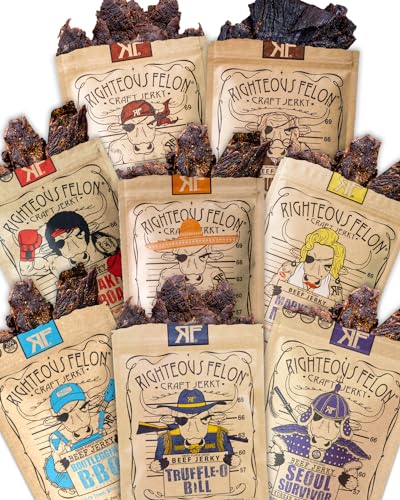Righteous Felon Beef Jerky Variety Pack, High Protein, Keto, Low Sugar, Gluten Free Snacks for Adults, Made with Premium Meats, 8 Pack Sampler - 8 Pack Sampler