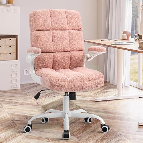 SEATZONE Pink Office Chair Ergonomic Pink Desk Chair with Flip-up Arms, Height Adjustable Rolling Desk Chairs with Wheels, Faux Fur Comfy Office Chairs for Women and Girls, Teddy Fleece Material - 19.7D x 19.7W x 42.2H in - Velvet-pink