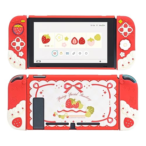GeekShare Protective Case for Switch Slim Cover Case Compatible with Switch Separable Soft Silicone Protective Shell for Joy Con with 2 Thumb Grip Caps- Strawberries with Cream - For Switch 2017