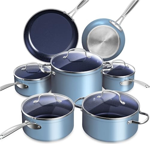 Nuwave Healthy Duralon Blue Ceramic Nonstick Cookware Set, Diamond Infused Scratch-Resistant, PFAS Free, Dishwasher & Oven Safe, Induction Ready & Evenly Heats, Tempered Glass Lids & Stay-Cool Handles - Cozy Blue - 12pc Cookware Set - Cookware Set