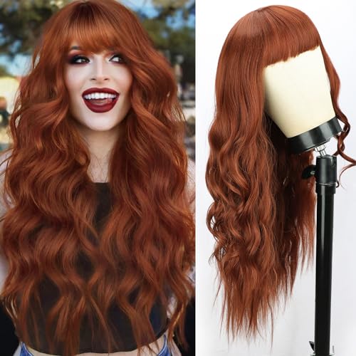 ORSUNCER Long Wavy Wigs with Bangs for Women Copper Red Wig Synthetic Curly Hair Heat Resistant Hair Wigs for Daily Party 26 Inches - Copper Red