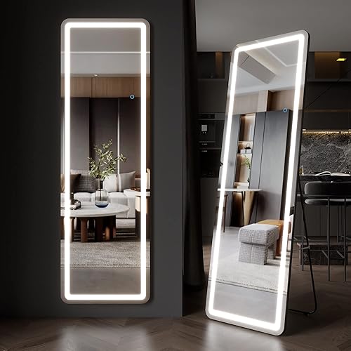 EDTEMI Mirror Full Length, Body Mirror with Lights, Wall Mounted Hanging Mirror with Lights, Bedroom Floor Mirror with Lights & 3 Color Modes (63"x20", Black) - Black Frame - 63"L x 20"W