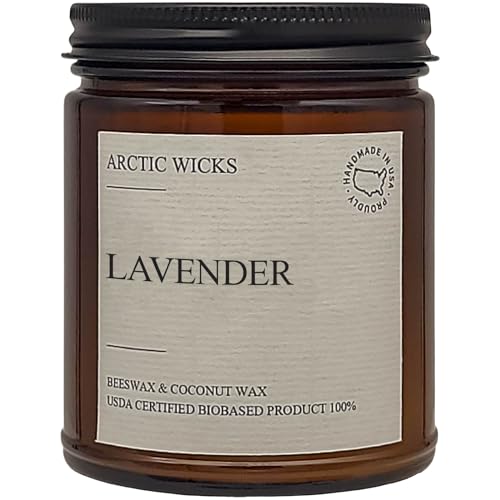 Lavender Candles | Arctic Wicks Non Toxic Coconut Beeswax Candles | Natural Coconut Beeswax 9oz Amber Jar | Spa Wellness Candles Wax Non-Toxic Clean Burn 100% USDA Certified Biobased - Lavender