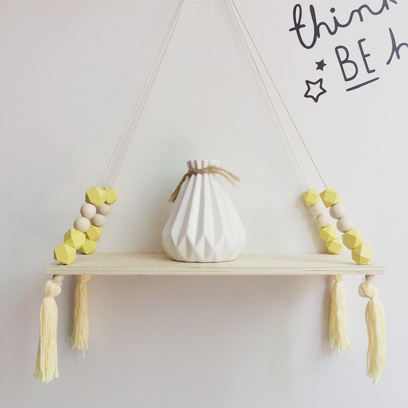 Beaded Hanging Wooden Shelf - Lemon Yellow