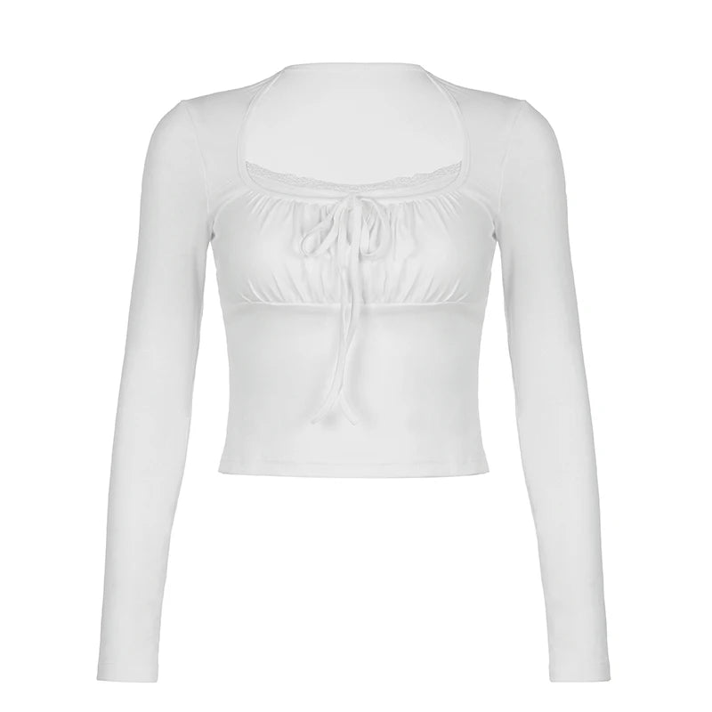 White Lace Patchwork Cute Kawaii Long Sleeve Cropped Top - White / M