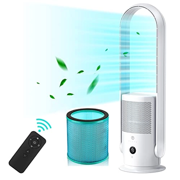 ULTTY Bladeless Tower Fan and Air Purifier in one, True HEPA Filter 99.97% Smoke Dust Pollen Dander, Oscillating Tower Fan with Remote Control CR022D, White