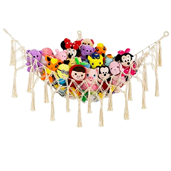 Diocos Stuffed Animal Net or Hammock Macrame Toy Hammock Plush Toy Storage Hammock Corner Hanging Mesh Boho Nursery Organizer for Kidroom Playroom-Cream