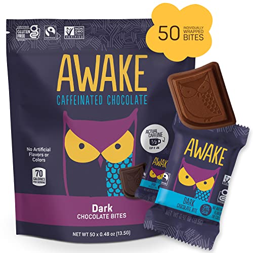 AWAKE - Caffeinated Chocolate Bites - Coffee Alternative - Low Calorie Snacks - Bite Size Energy Bars - 50mg of Caffeine in Each Bite - Non GMO - Vegan - Gluten Free - Dark Chocolate - 50 Bites - Dark Chocolate - 50 Count (Pack of 1)