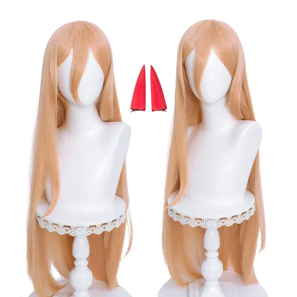 Probeauty Power Cosplay Wig for Chainsaw Man, Long Straight Orange Women Anime Power Cosplay Wig with Horns--39inch