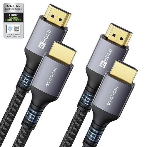 8K HDMI Cable 10FT 2-Pack, Stouchi (Certified) 48Gbps Ultra High Speed HDMI 2.1 Cord 8K@60Hz 4K@120Hz @144Hz, SBTM eARC HDR10 Dynamic HDR DTS:X HDCP 2.2&2.3 Compatible with PS5/Roku TV/HDTV/Blu-ray - 10FT - 2