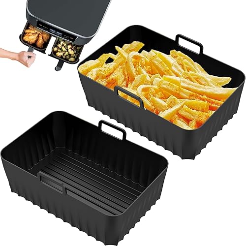 2 Pcs Silicone Air Fryer Liners for Ninja Foodi DZ201 DZ401 6-in-1 8-10QT, Ninja DZ550 DualZone Air Fryer Accessories, Reusable Air Fryer Liner for Microwave Oven, Non-Stick | Easy Cleaning (Black) - Black