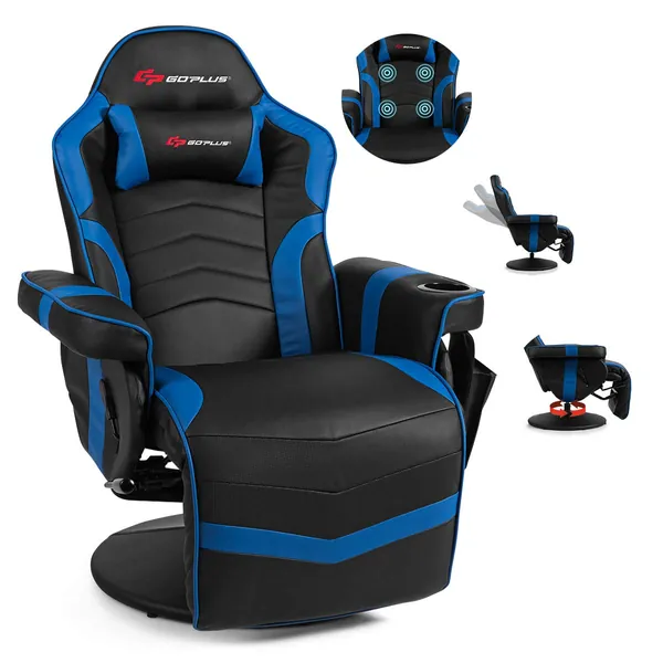 POWERSTONE Gaming Recliner Massage Gaming Chair with Footrest Ergonomic PU Leather Single Sofa with Cup Holder Headrest and Side Pouch, Adjustable Living Room Chair Home Theater Seating (Navy Blue) - Navy Blue