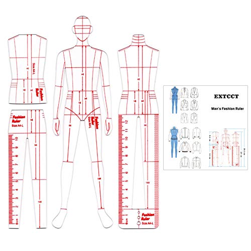 EXTCCT Fashion Drawing Template Ruler Set, Woman Sewing Humanoid Patterns Design, Clothing Measuring French Curve Rulers A4 Pattern Paper Draft Drawings - Man's Set