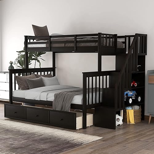 MERITLINE Twin Over Full Bunk Bed with Stairs, Wood Bunk Bed Frame with Storage Drawers and Shelves, No Box Spring Needed (Espresso) - Espresso-drawers - Twin Over Full