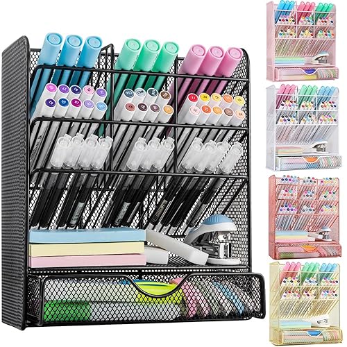 Spacrea Metal Pen Organizer, Pencil Holder for Desk, Desk Organizer with Drawer for School, Home, Art Supplies (Black) - Black