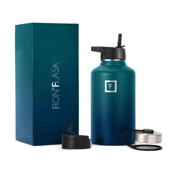 Iron Flask Sports Water Bottle - 64 Oz, 3 Lids (Straw Lid), Leak Proof, Vacuum Insulated Stainless Steel, Double Walled, Thermo Mug, Metal Canteen - 64 Oz Dark Night