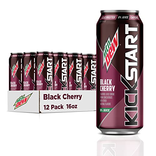 Mountain Dew Kickstart, Black Cherry, 92mg Caffeine, Vitamins B & C, 80 Calories, 5% Juice, 16 fl oz (12 Count) - Black Cherry - 16 Fl Oz Cans (Pack of 12)