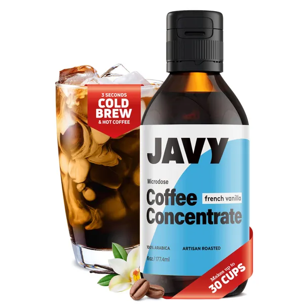 Javy French Vanilla Coffee Concentrate Liquid, Iced & Cold Brew Instant Coffee, Flavored Vanilla Ice Coffee Drink, Medium Roast Arabica, Unsweetened & Sugar-Free, 30X Coffee Shots in a bottle - 6oz - French Vanilla