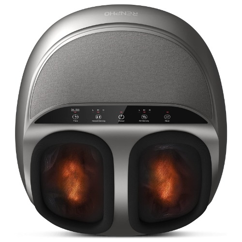 RENPHO Shiatsu Foot Massager Machine with Heat, Deep Kneading Therapy, Air Compression, Relieve Foot Pain from Plantar Fasciitis, Improve Blood Circulation, Insomnia, Fits large feet up to men size 12 Silver, Mothers Day Gifts - B Silver