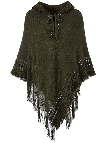 Avilego Women's Hooded Cape with Fringed Hem Knit Crochet Poncho Tassel Shawl