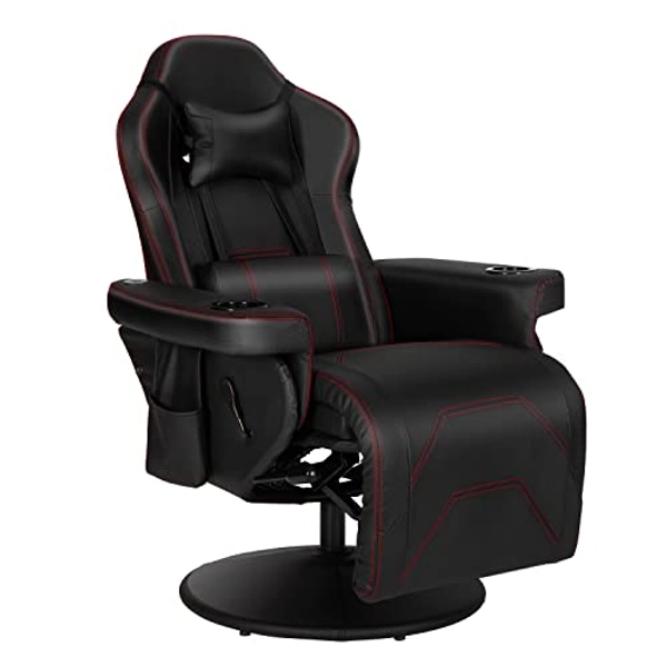 Massage Video Gaming Recliner Chair Ergonomic High Back Swivel Reclining Chair with Speakers, Cupholder, Headrest, Lumbar Support, Adjustable Backrest and Footrest, Black