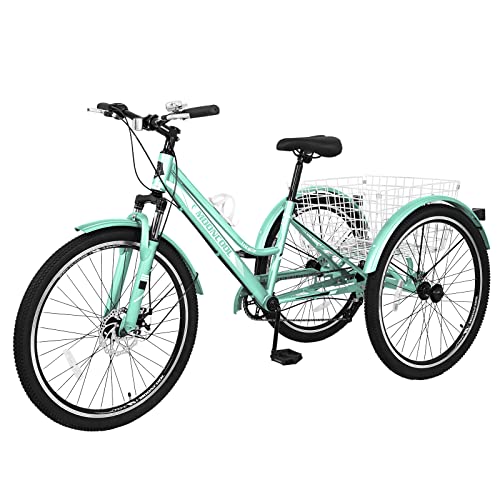 Slsy Adult Mountain Tricycle, 7 Speed Three Wheel Bike, 24/26 Inch Adults Trikes for Seniors with Shopping Basket, Exercise Men's Women's Tricycles - Green Forest - 26'' Tire 7-speed