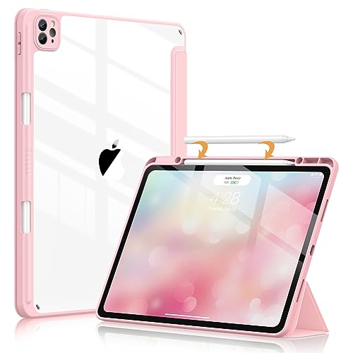 Soke Ultra Hybrid Case for iPad Pro 12.9 Inch (6th/5th/4th/3rd Generation, 2022/2021/2020/2018) - Pencil Holder + Auto Sleep/Wake + Camera Protection, Transparent Shockproof Back Cover, Pink - Pink