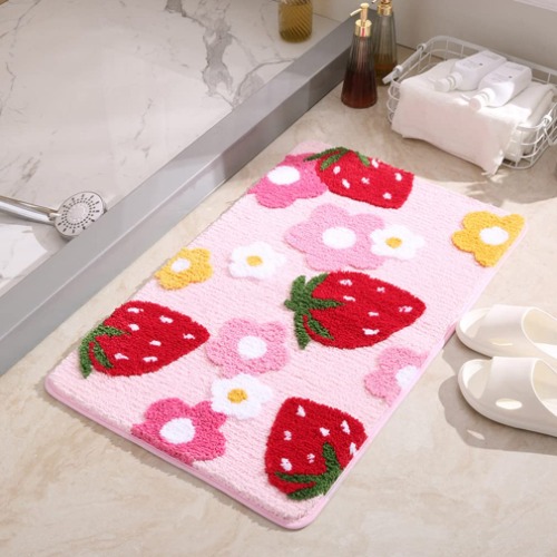 LIKETN Soft Cozy Strawberry Bathroom Rugs Bath Mat Cute Doormat Non Slip Absorbent Washable Shaggy Bedroom Durable Thick Plush Door Mats Bathtub Shower Bath Rug for Girls (17.7" X 25.6", Pink)